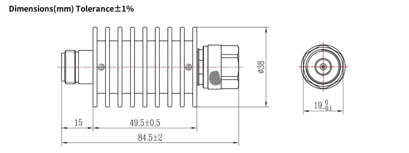 20dB Fixed Attenuator, N Male to N Female, 25Watts, DC-4GHz, Round, VSWR1.2