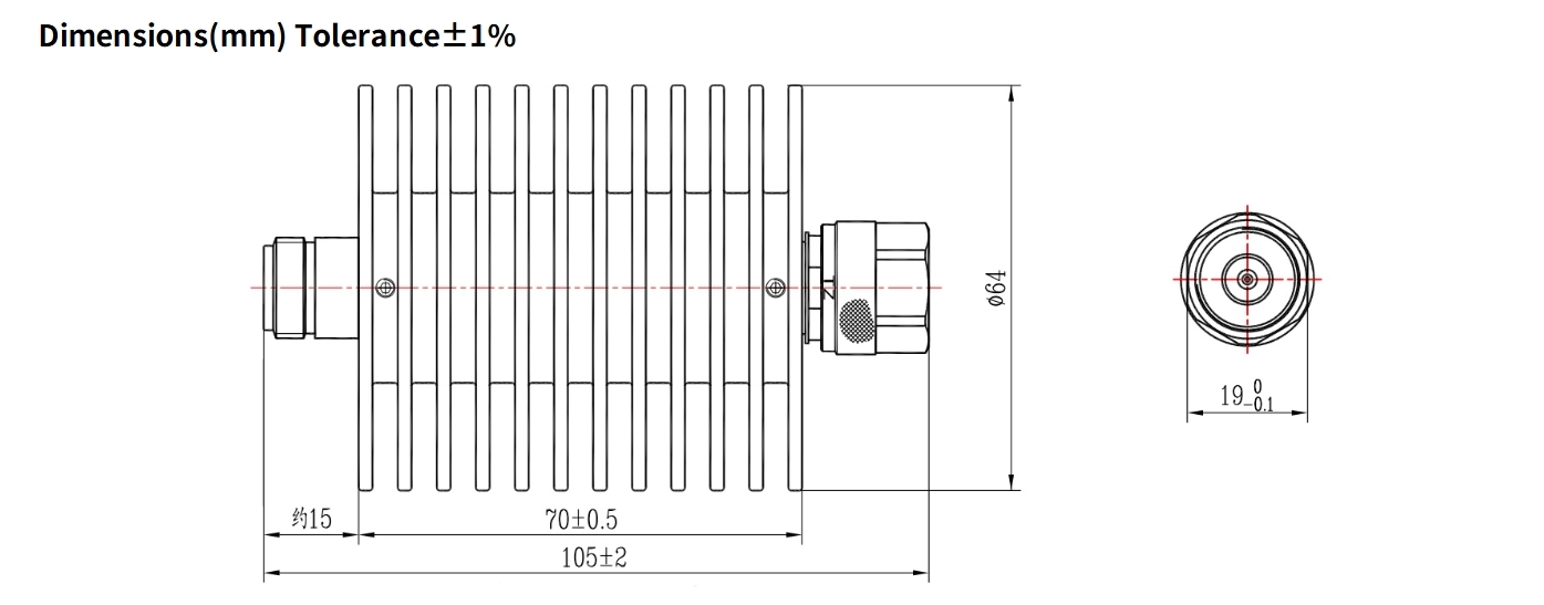 20dB Fixed Attenuator, N Male to N Female, 50Watts, DC-4GHz, Round, VSWR1.2