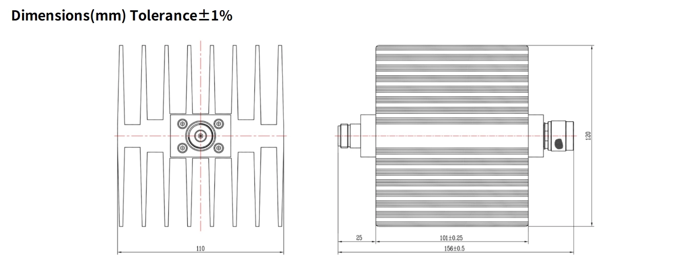 30dB Fixed Attenuator, N Male to N Female, 100Watts, DC-6GHz, VSWR1.25