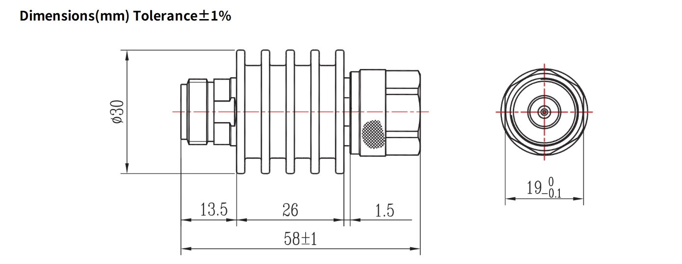 40dB Fixed Attenuator, N Male to N Female, 10Watts, DC-4GHz, Round, VSWR1.2