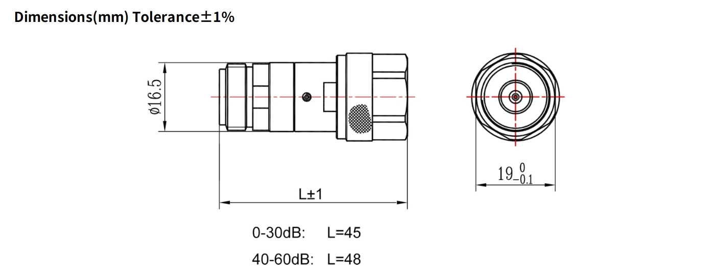 60dB Fixed Attenuator, N Male to N Female, 2Watts, DC-4GHz, Round, VSWR1.2