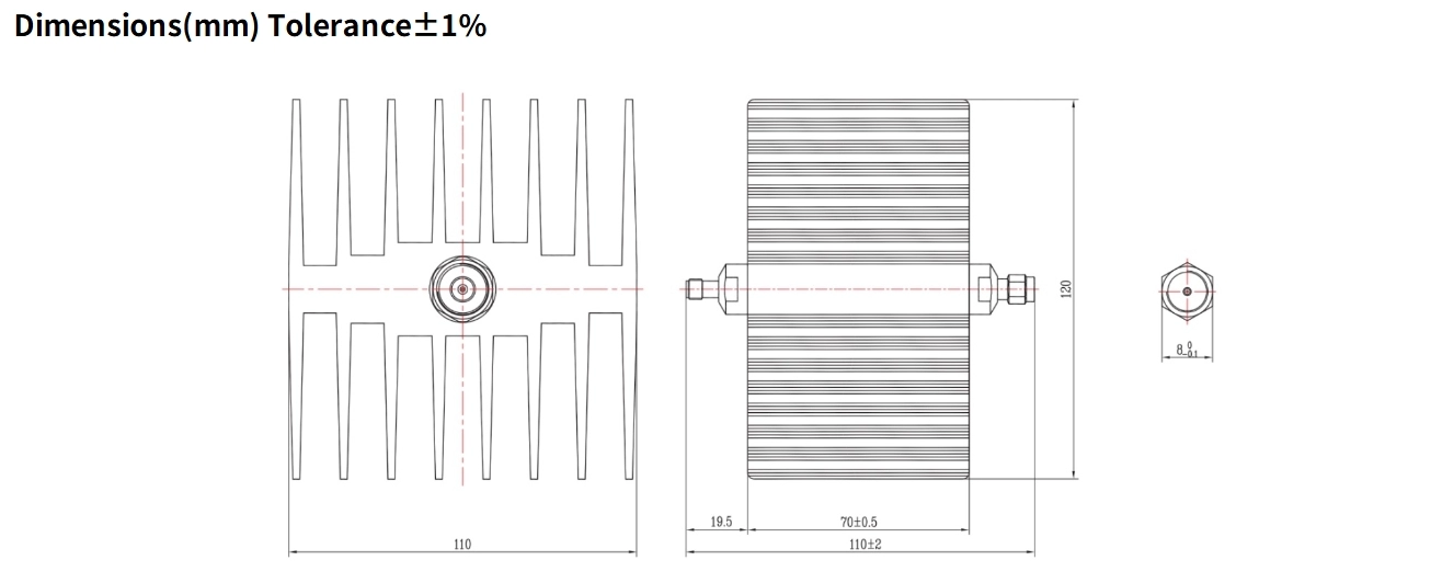 3dB Fixed Attenuator, SMA Male to SMA Female, 50Watts, DC-8.5GHz, Rectangular, VSWR1.25