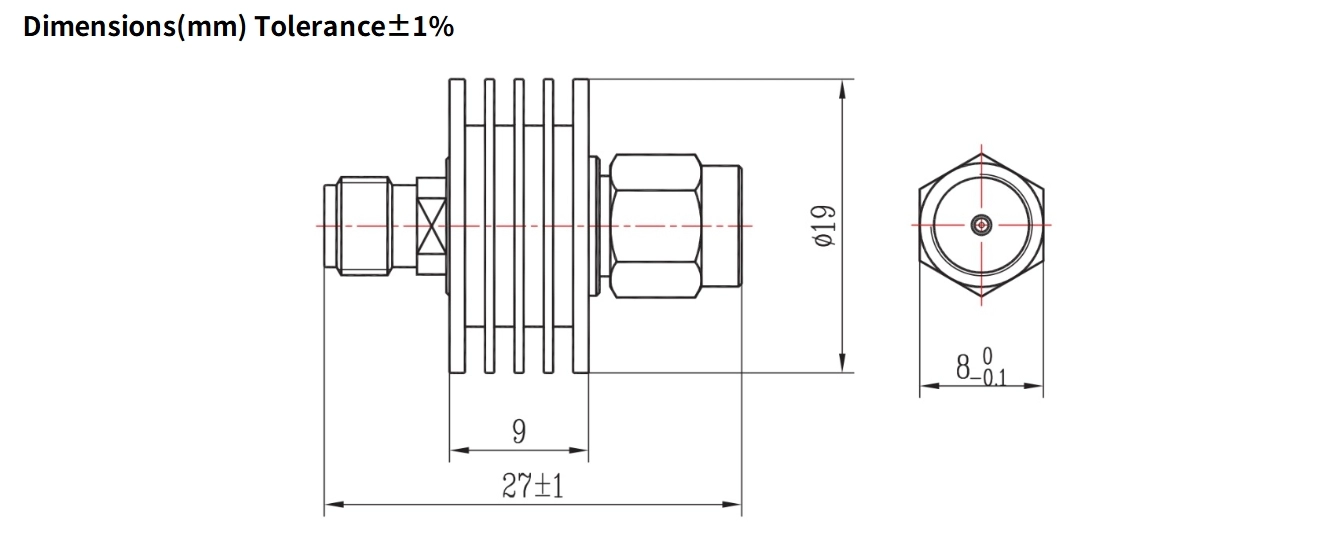 6dB Fixed Attenuator, SMA Male to SMA Female, 5Watts, DC-12.4GHz, Round, VSWR1.25