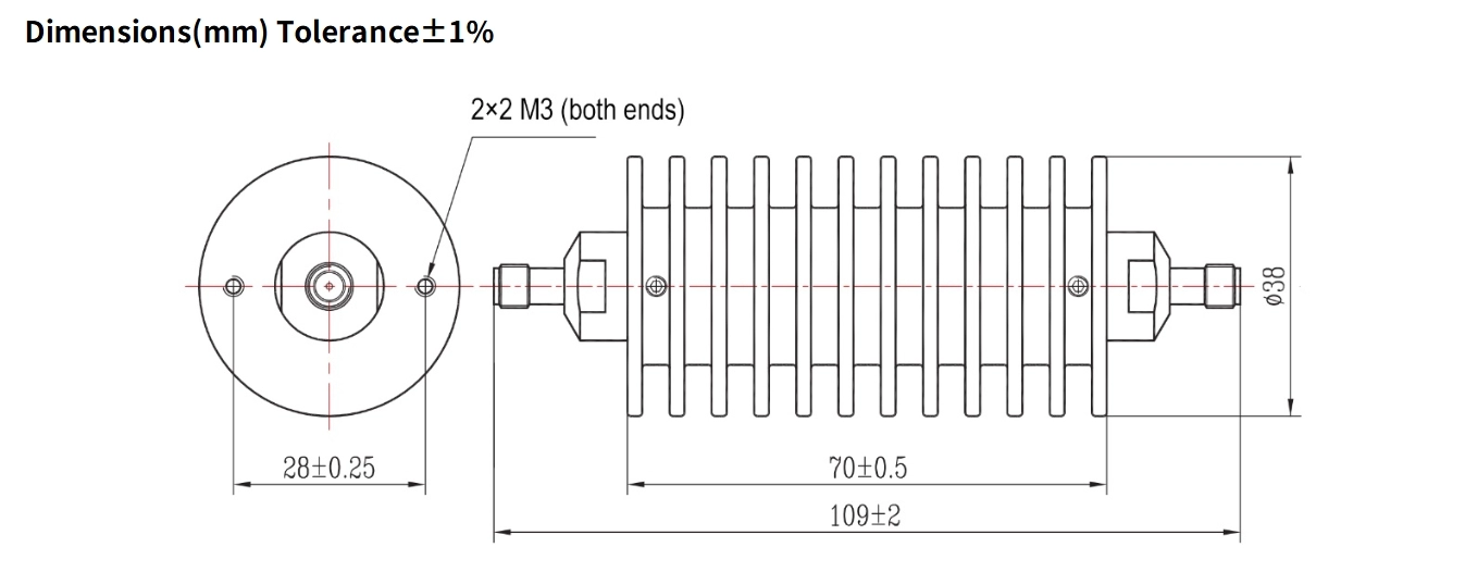 6dB Fixed Attenuator, SMA Female to SMA Female, 50Watts, DC-8.5GHz, Round, VSWR1.25
