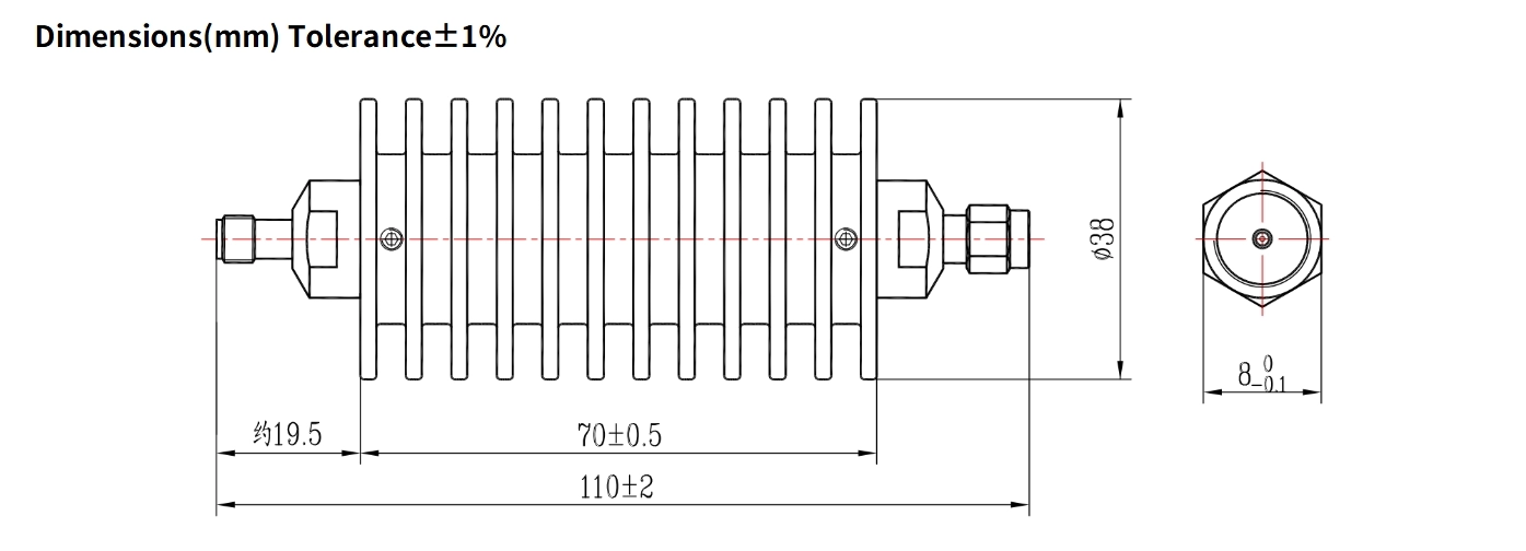 10dB Fixed Attenuator, SMA Male to SMA Female, 50Watts, DC-12.4GHz, Round, VSWR1.35