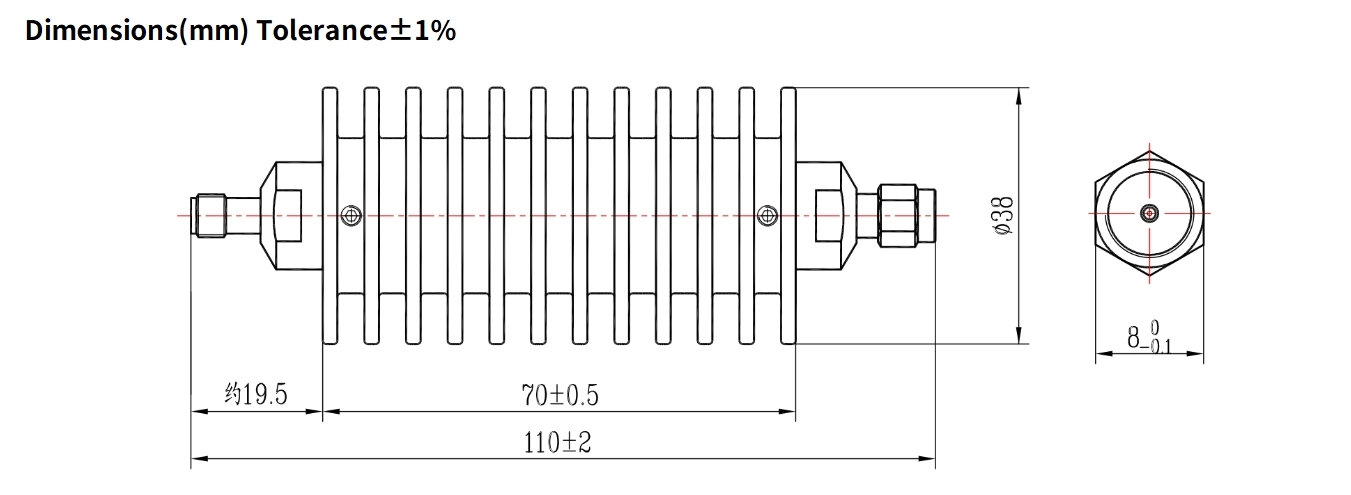 10dB Fixed Attenuator, SMA Male to SMA Female, 50Watts, DC-8.5GHz, Round, VSWR1.25