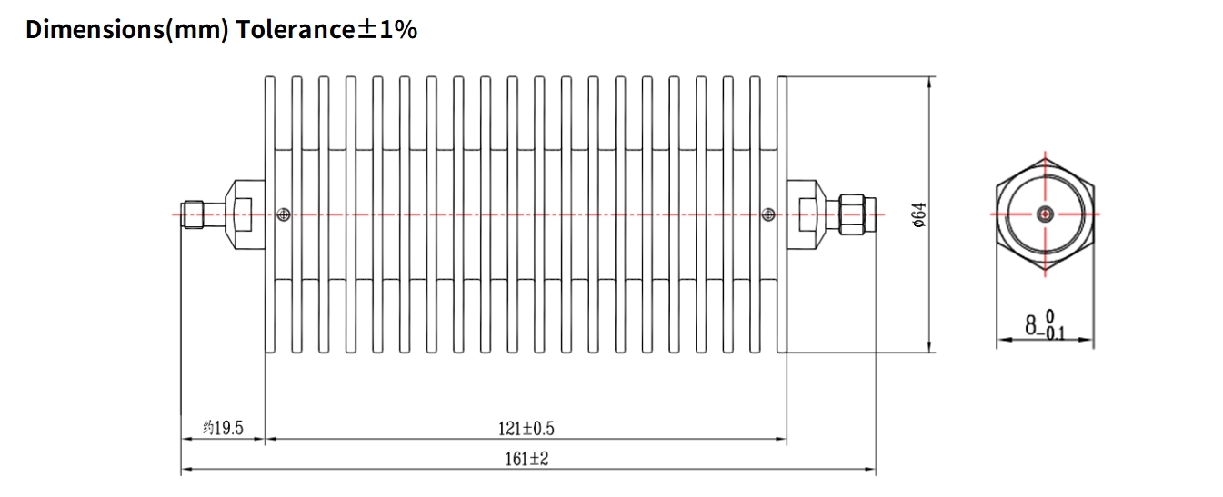10dB Fixed Attenuator, SMA Male to SMA Female, 100Watts, DC-8.5GHz, Round, VSWR1.25