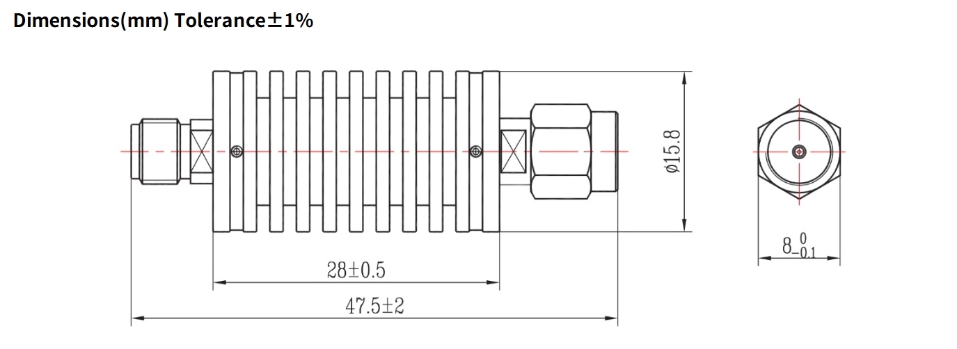 10dB Fixed Attenuator, SMA Male to SMA Female, 10Watts, DC-6GHz, Round, VSWR1.2