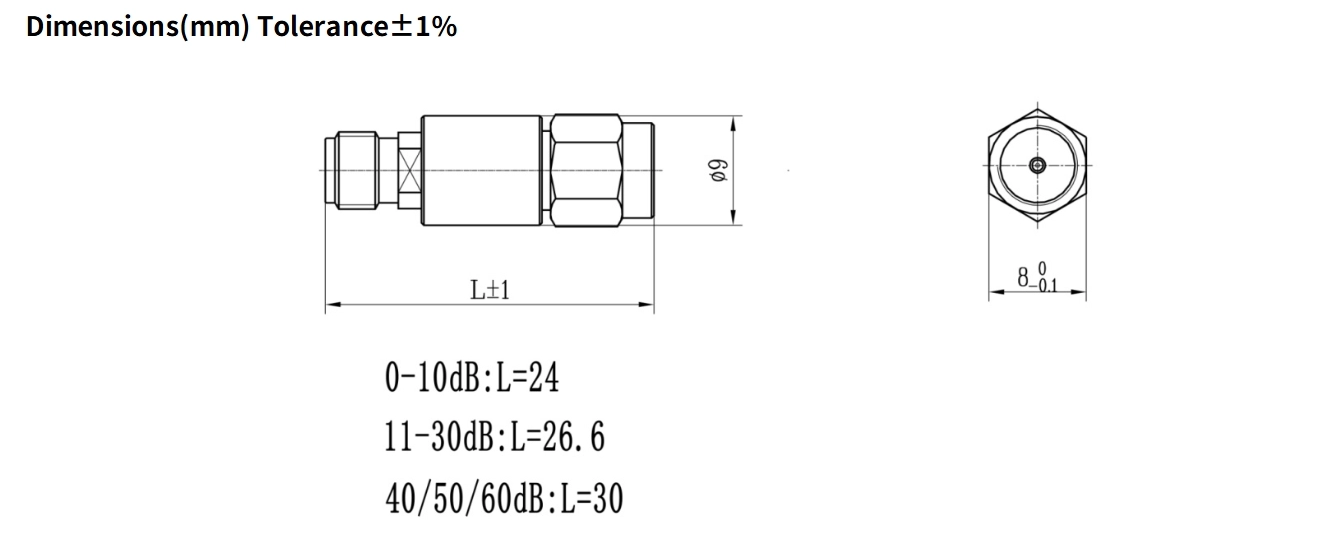 20dB Fixed Attenuator, SMA Male to SMA Female, 2Watts, DC-12.4GHz, Round, VSWR1.25