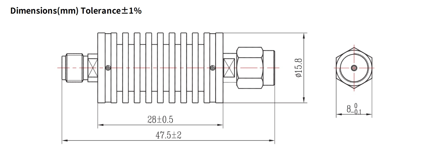 15dB Fixed Attenuator, SMA Male to SMA Female, 10Watts, DC-12.4GHz, Round, VSWR1.25