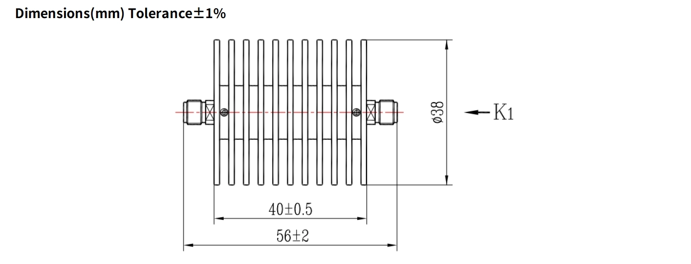 20dB Fixed Attenuator, SMA Female to SMA Female, 30Watts, DC-12.4GHz, Round, VSWR1.25
