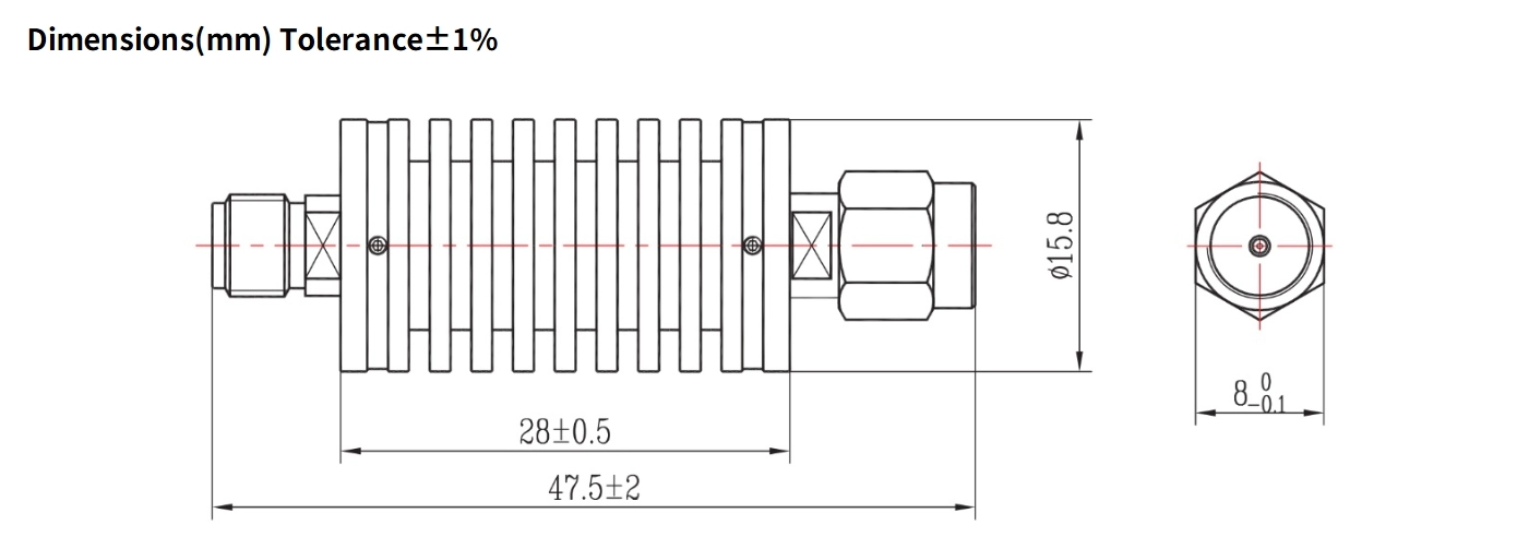 20dB Fixed Attenuator, SMA Male to SMA Female, 10Watts, DC-8.5GHz, Round, VSWR1.2