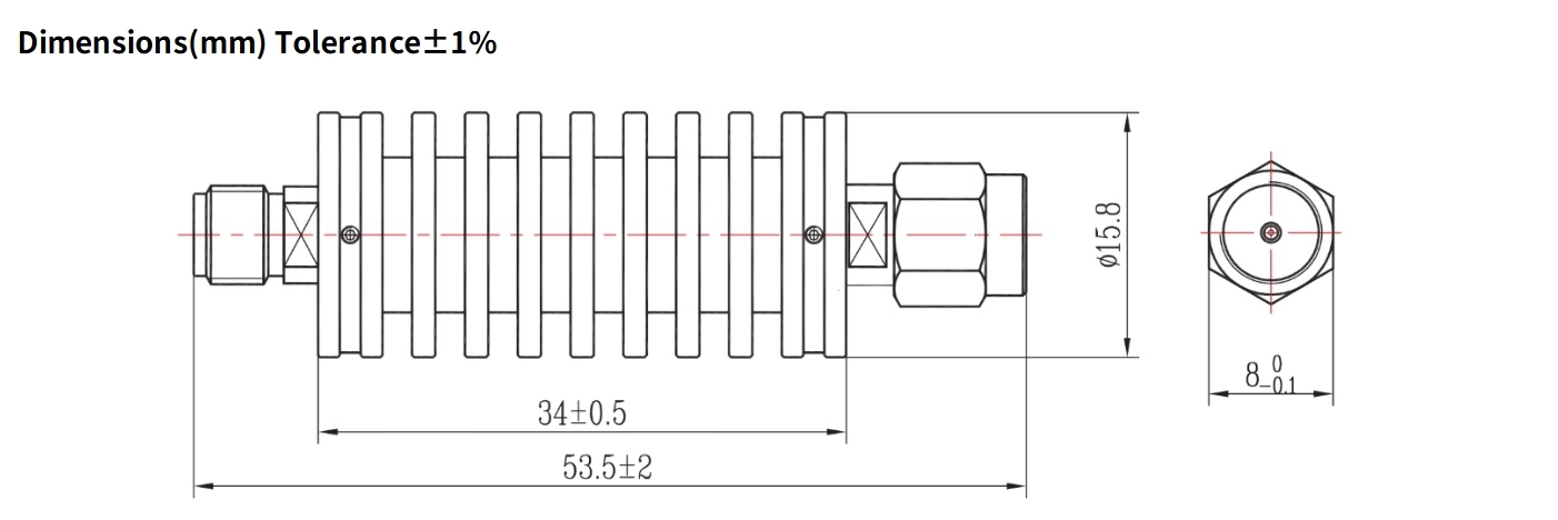 20dB Fixed Attenuator, SMA Male to SMA Female, 15Watts, DC-8.5GHz, Round, VSWR1.25