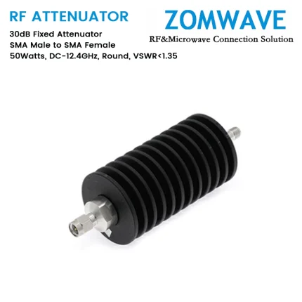 30dB Fixed Attenuator, SMA Male to SMA Female, 50Watts, DC-12.4GHz, Round, VSWR1.35