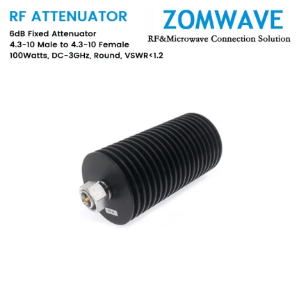 6dB Fixed Attenuator, 4.3-10 Male to 4.3-10 Female, 100Watts, DC-3GHz, Round, VSWR1.2
