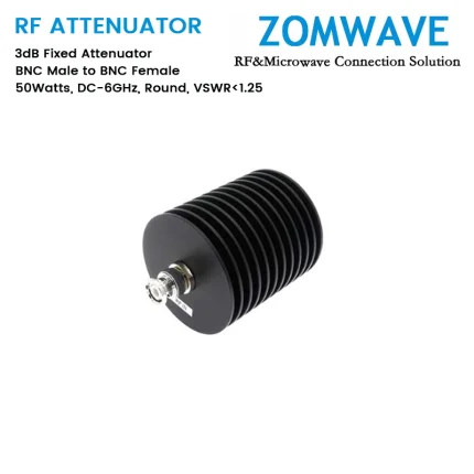 3dB Fixed Attenuator, BNC Male to BNC Female, 50Watts, DC-6GHz, Round, VSWR1.25
