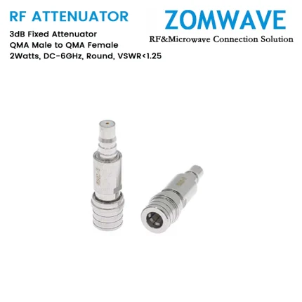 3dB Fixed Attenuator, QMA Male to QMA Female, 2Watts, DC-6GHz, Round, VSWR1.25
