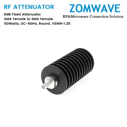6dB Fixed Attenuator, SMA Female to SMA Female, 50Watts, DC-6GHz, Round, VSWR1.25