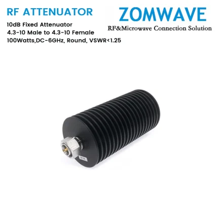 10dB Fixed Attenuator, 4.3-10 Male to 4.3-10 Female, 100Watts, DC-6GHz, Round, VSWR1.25