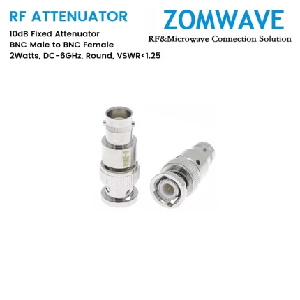 10dB Fixed Attenuator, BNC Male to BNC Female, 2Watts, DC-6GHz, Round, VSWR1.25
