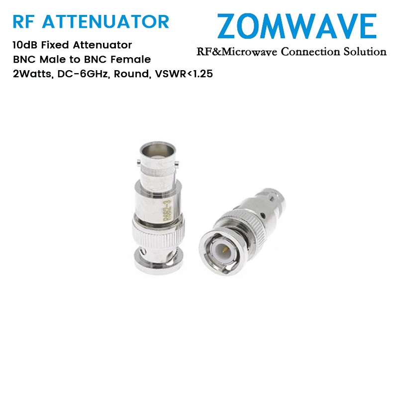 10dB Fixed Attenuator, BNC Male to BNC Female, 2Watts, DC-6GHz, Round, VSWR1.25 10dB Fixed Attenuator, BNC Male to BNC Female, 2Watts, DC-6GHz, Round, VSWR1.25