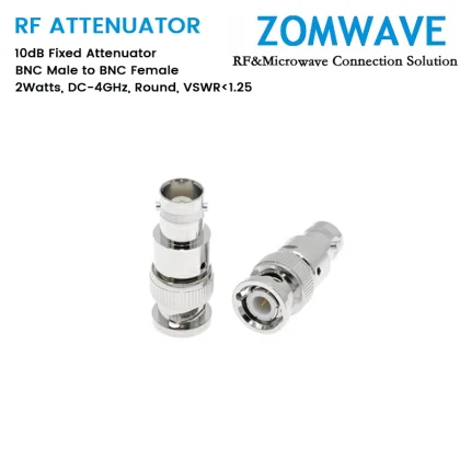 10dB Fixed Attenuator, BNC Male to BNC Female, 2Watts, DC-4GHz, Round, VSWR1.25