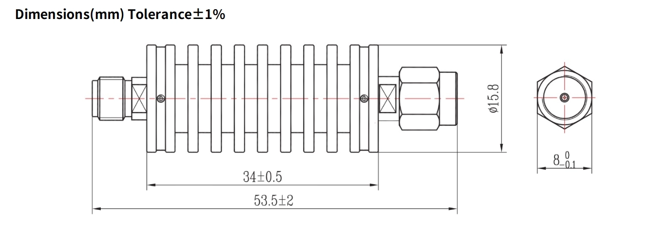 30dB Fixed Attenuator, SMA Male to SMA Female, 15Watts, DC-12.4GHz, Round, VSWR1.35