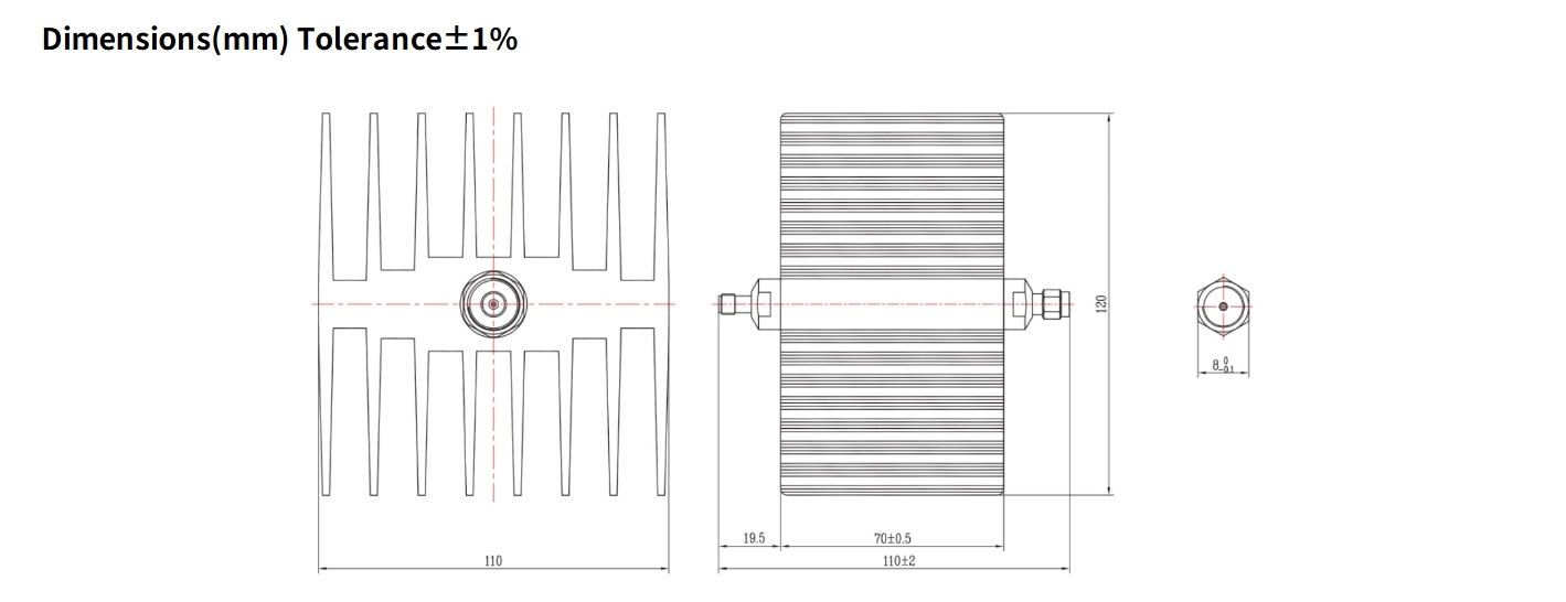 30dB Fixed Attenuator, SMA Male to SMA Female, 50Watts, DC-12.4GHz, Rectangular, VSWR1.35