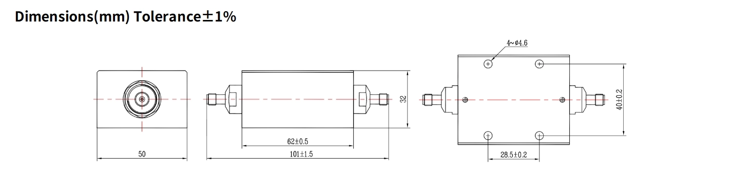 30dB Fixed Attenuator, SMA Female to SMA Female, 50Watts, DC-12.4GHz, Rectangular, VSWR1.35