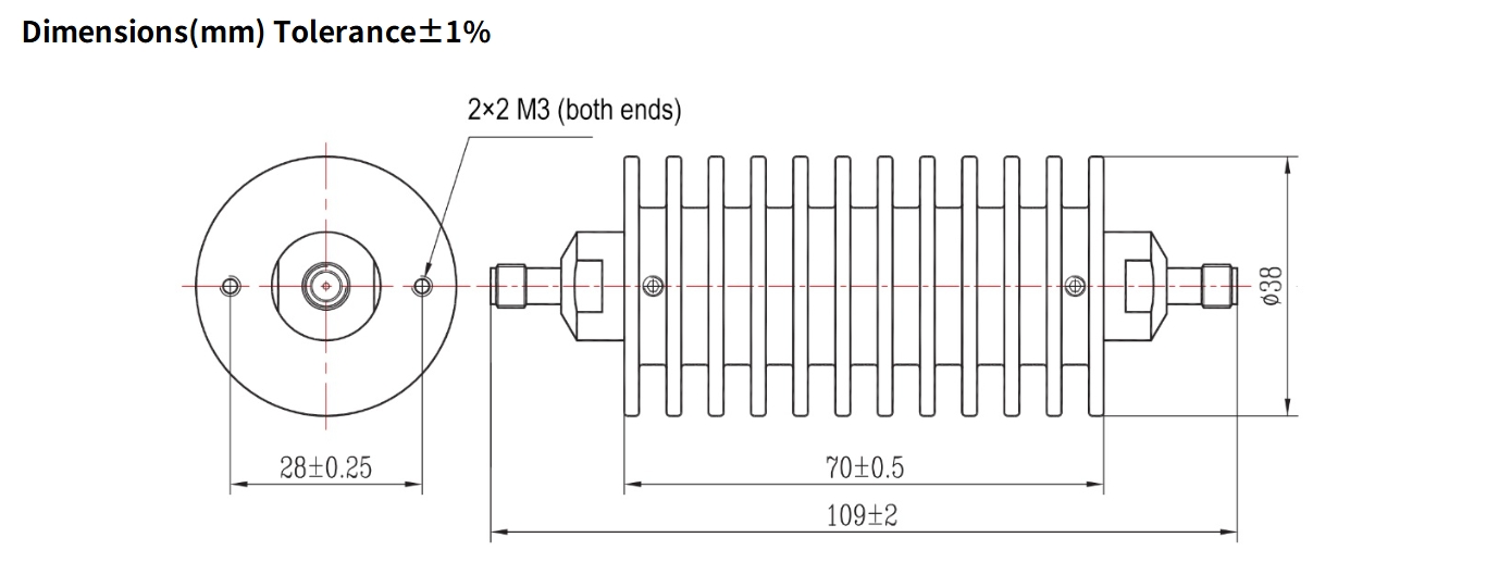 6dB Fixed Attenuator, SMA Female to SMA Female, 50Watts, DC-4GHz, Round, VSWR1.25