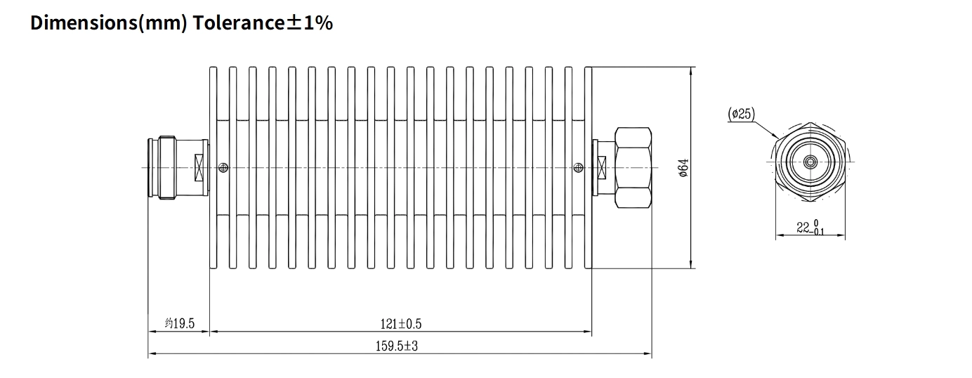 6dB Fixed Attenuator, 4.3-10 Male to 4.3-10 Female, 100Watts, DC-6GHz, Round, VSWR1.25