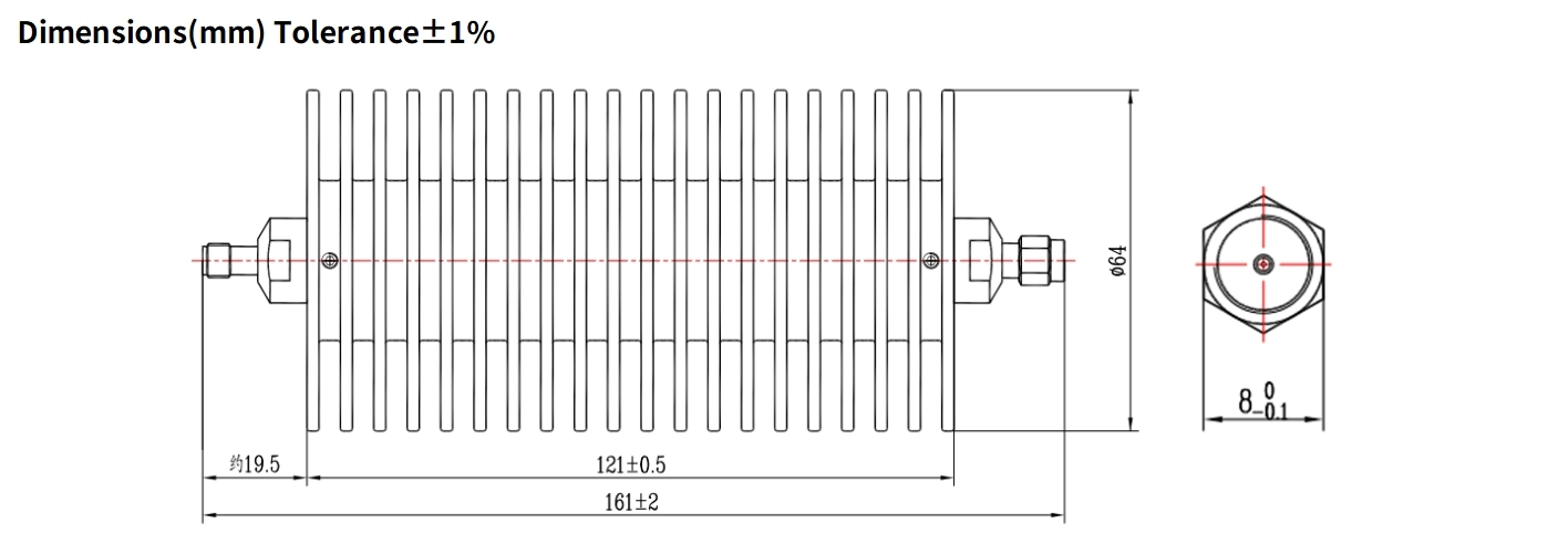 6dB Fixed Attenuator, SMA Male to SMA Female, 100Watts, DC-4GHz, Round, VSWR1.2