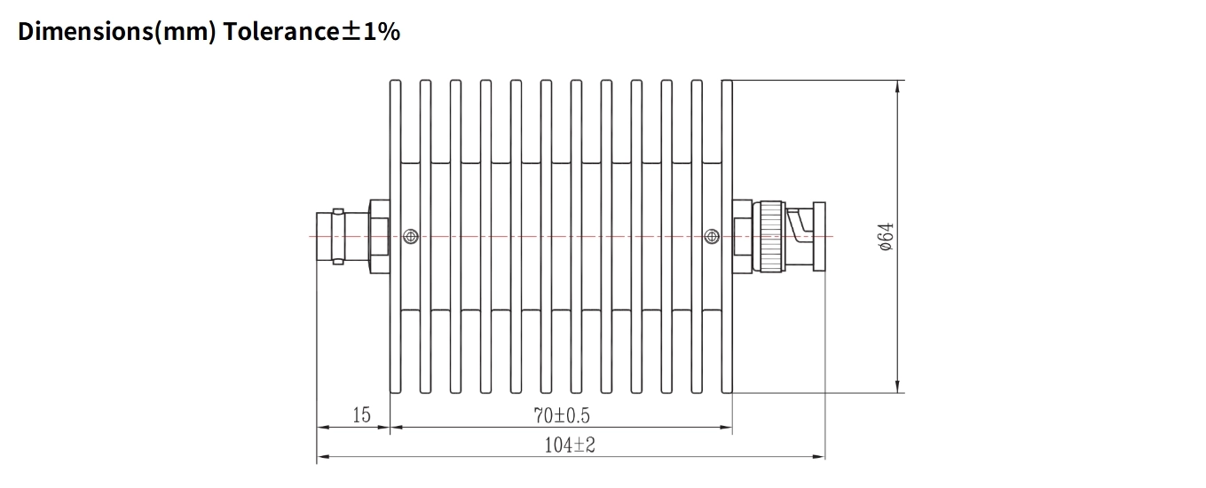 10dB Fixed Attenuator, BNC Male to BNC Female, 50Watts, DC-6GHz, Round, VSWR1.25
