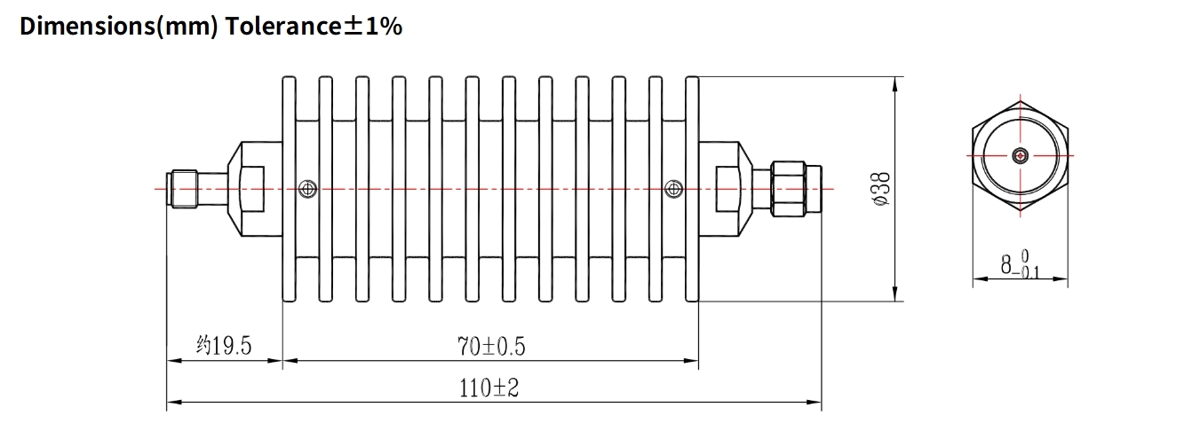 80dB Fixed Attenuator, SMA Male to SMA Female, 20Watts, DC-1GHz, Rectangular, VSWR1.05