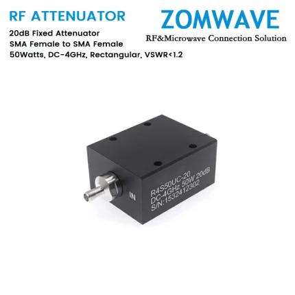 20dB Fixed Attenuator, SMA Female to SMA Female, 50Watts, DC-4GHz, Rectangular, VSWR1.2