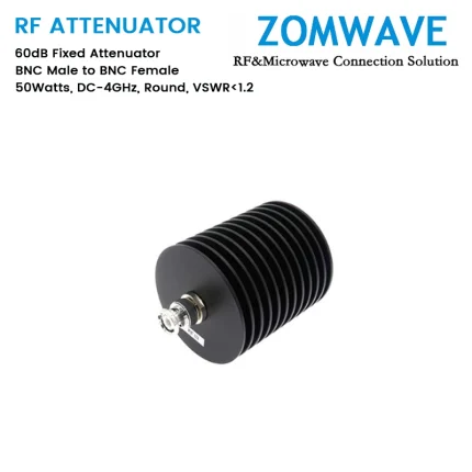 60dB Fixed Attenuator, BNC Male to BNC Female, 50Watts, DC-4GHz, Round, VSWR1.2