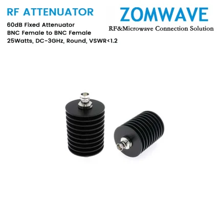 60dB Fixed Attenuator, BNC Female to BNC Female, 25Watts, DC-3GHz, Round, VSWR1.2