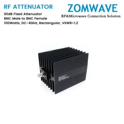 30dB Fixed Attenuator, BNC Male to BNC Female, 100Watts, DC-4GHz, Rectangular, VSWR1.2
