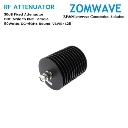 30dB Fixed Attenuator, BNC Male to BNC Female, 50Watts, DC-6GHz, Round, VSWR1.25