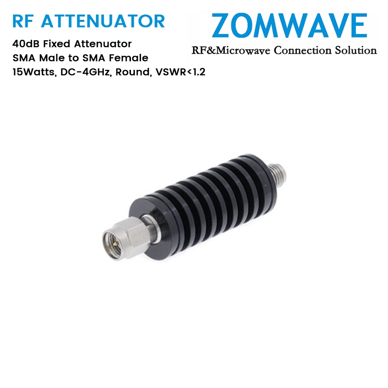 40dB Fixed Attenuator, SMA Male to SMA Female, 15Watts, DC-4GHz, Round, VSWR1.2 40dB Fixed Attenuator, SMA Male to SMA Female, 15Watts, DC-4GHz, Round, VSWR1.2