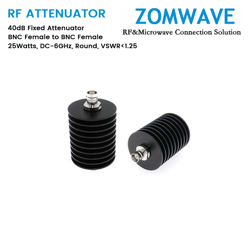 40dB Fixed Attenuator, BNC Female to BNC Female, 25Watts, DC-6GHz, Round, VSWR1.25 40dB Fixed Attenuator, BNC Female to BNC Female, 25Watts, DC-6GHz, Round, VSWR1.25