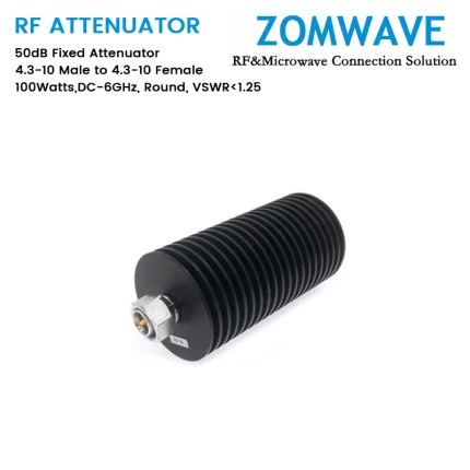 50dB Fixed Attenuator, 4.3-10 Male to 4.3-10 Female, 100Watts, DC-6GHz, Round, VSWR1.25