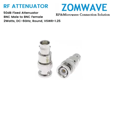 50dB Fixed Attenuator, BNC Male to BNC Female, 2Watts, DC-6GHz, Round, VSWR1.25
