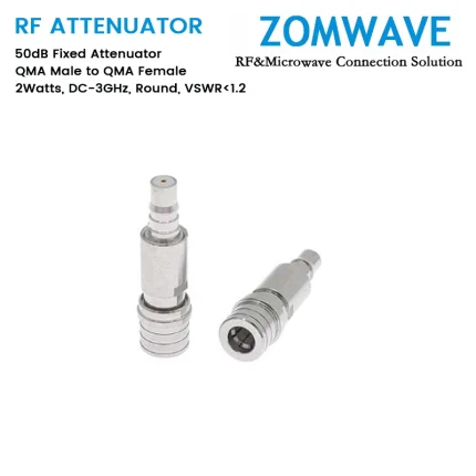 50dB Fixed Attenuator, QMA Male to QMA Female, 2Watts, DC-3GHz, Round, VSWR1.2