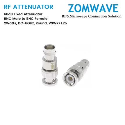 60dB Fixed Attenuator, BNC Male to BNC Female, 2Watts, DC-6GHz, Round, VSWR1.25
