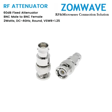 60dB Fixed Attenuator, BNC Male to BNC Female, 2Watts, DC-4GHz, Round, VSWR1.25
