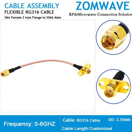 SMA Female 2 hole Flange to SSMA Male, RG316 Cable, 6GHz