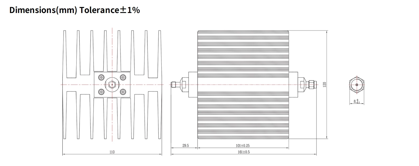 40dB Fixed Attenuator, SMA Male to SMA Female, 100Watts, DC-4GHz, Rectangular, VSWR1.2