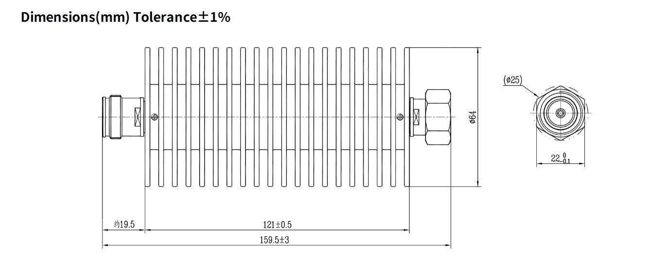 40dB Fixed Attenuator, 4.3-10 Male to 4.3-10 Female, 100Watts, DC-3GHz, Round, VSWR1.2
