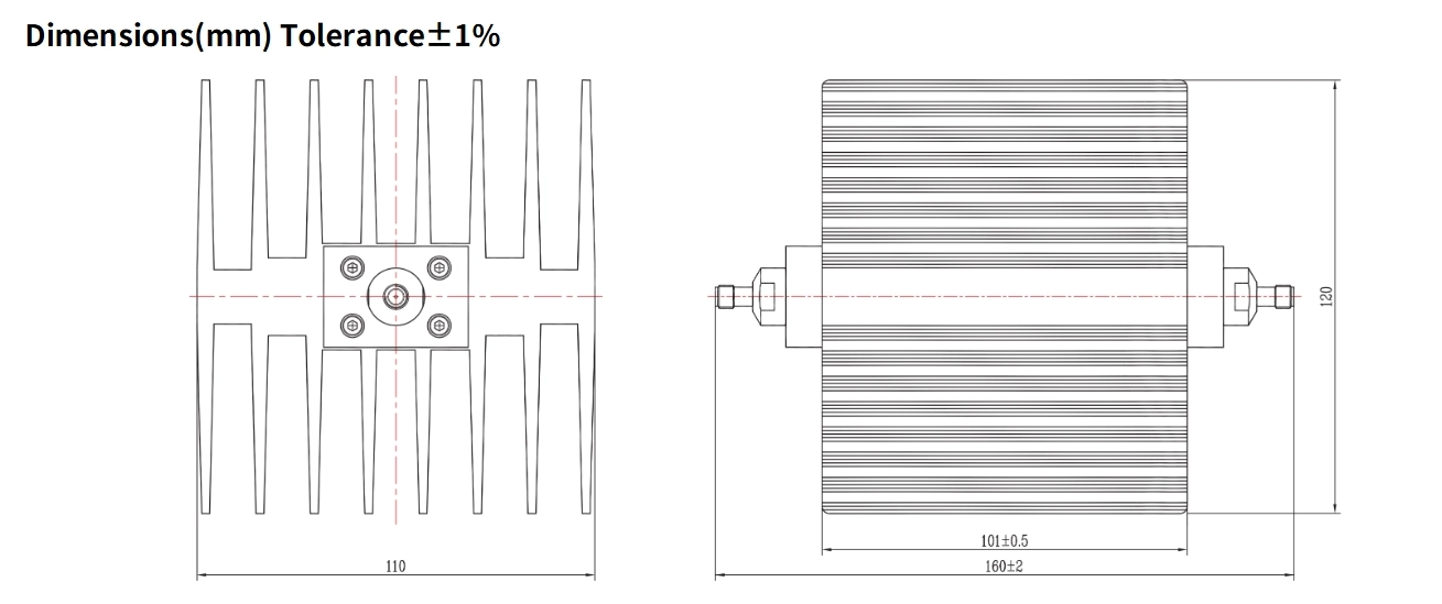 50dB Fixed Attenuator, SMA Female to SMA Female, 100Watts, DC-3GHz, Rectangular, VSWR1.25